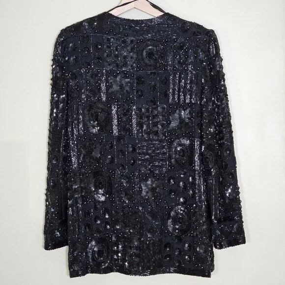 Joan Leslie Talbots Jacket Womens L Petite Black Top Sequins Beads Silk LS Vtg - Picture 2 of 16